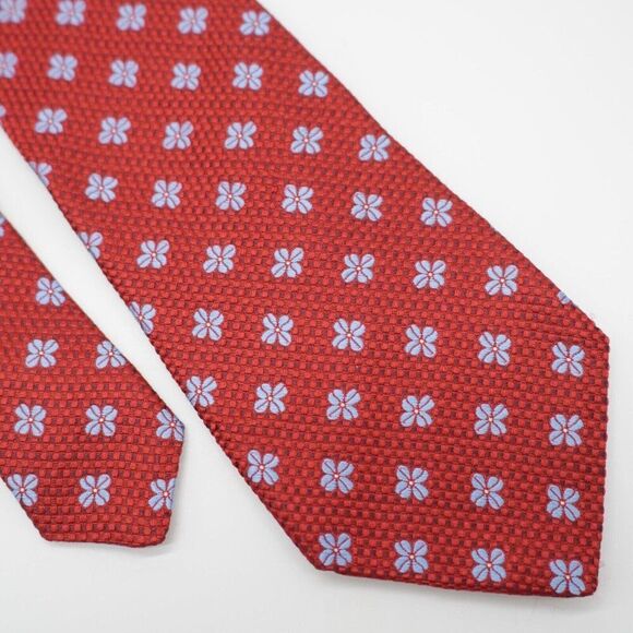 Hart Schaffner Marx Red Blue‎ Floral Geometric Woven Silk Tie - Picture 1 of 8